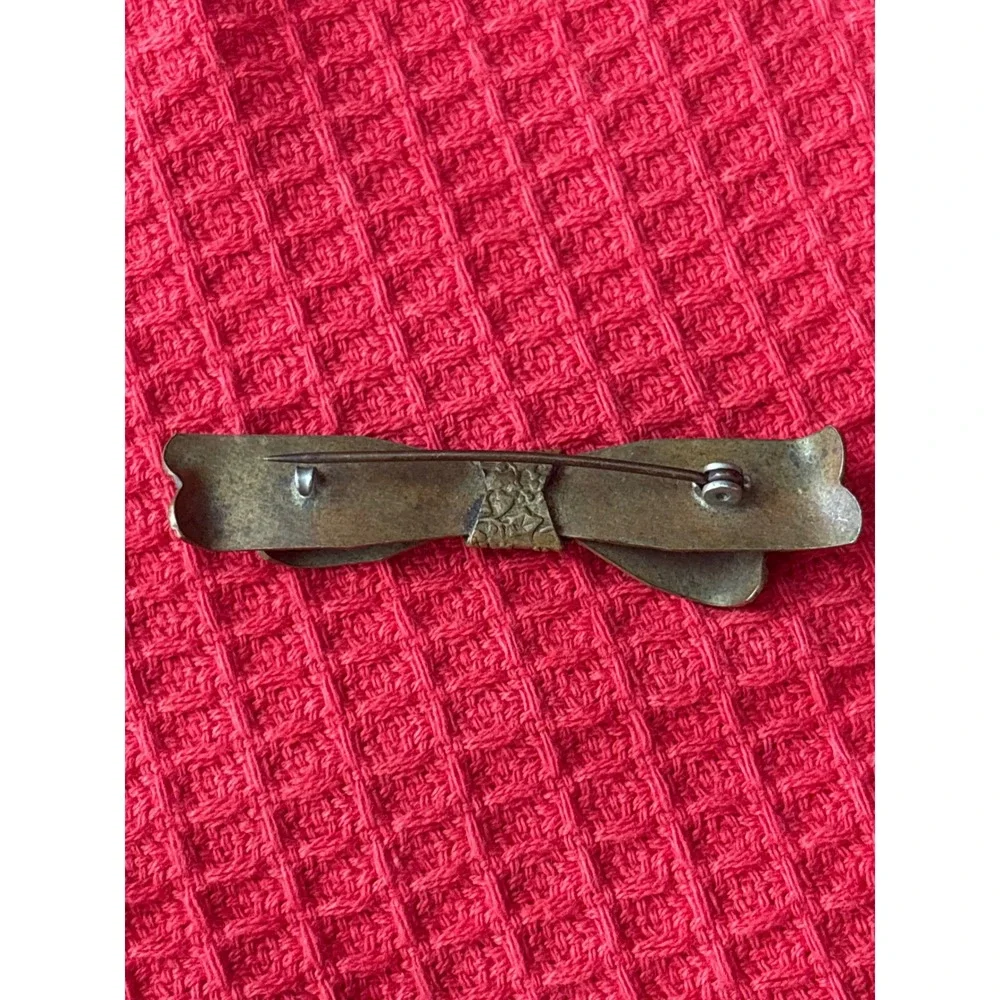 Antique Brass Ribbon Bow Brooch leaves and berries design Early 1900s